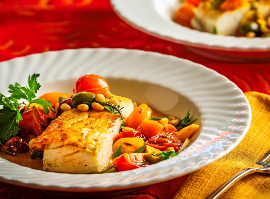 Halibut with Tomatoes, Pine Nuts and Olives